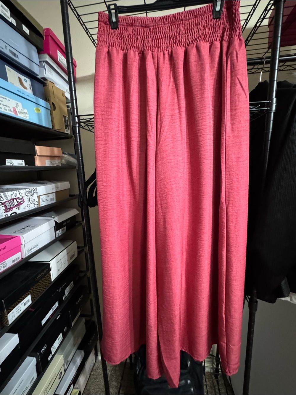 Womens Coral Pink Wide Leg Pants with Smocked Waist